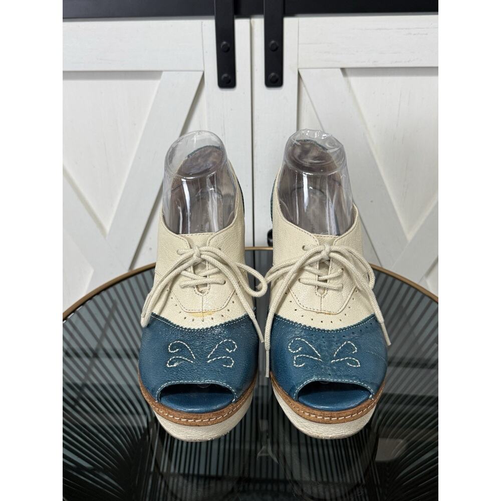 Anthropologie Pilcro Cream and Teal Leather Wedge Oxfordsππ - Picture 3 of 13